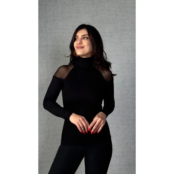 Kadın Omuzları Tül Balıkçı Yaka Viskon Kumaş Bluz