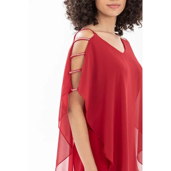 Kadın Omzu Açık V Yaka Şifonlu Sandy Kumaş Fırsat Ürün Diz Üstü Elbise