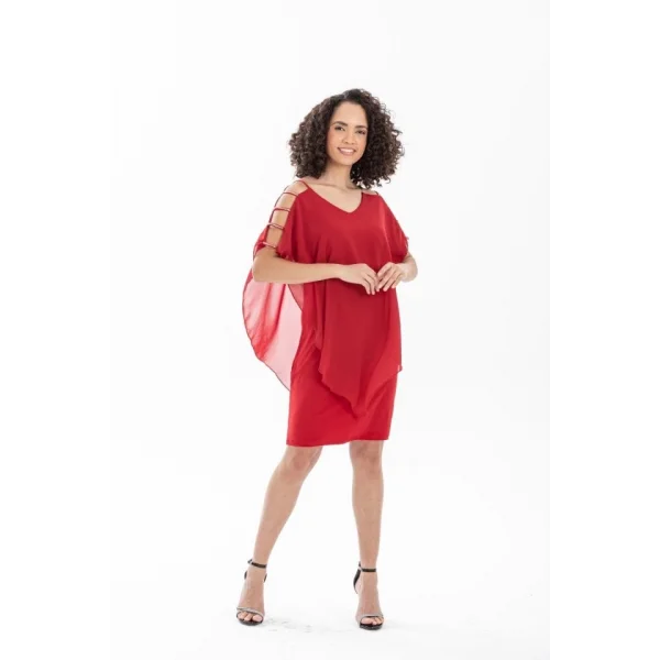 Kadın Omzu Açık V Yaka Şifonlu Sandy Kumaş Fırsat Ürün Diz Üstü Elbise