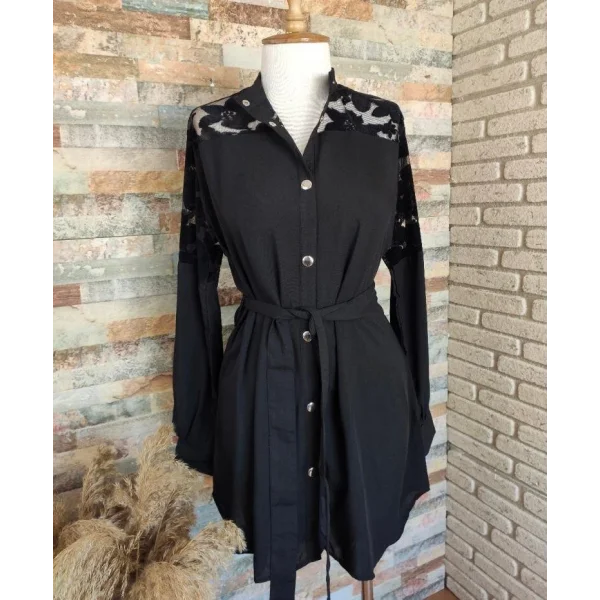 Kadın Omzu Flok Baskılı Çıtçıtlı Dokuma Viskon Kumaş Gömlek Elbise