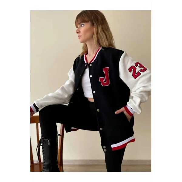 Kadın Ön ve Kol Nakış İşlemeli Kolej Ceket - Siyah