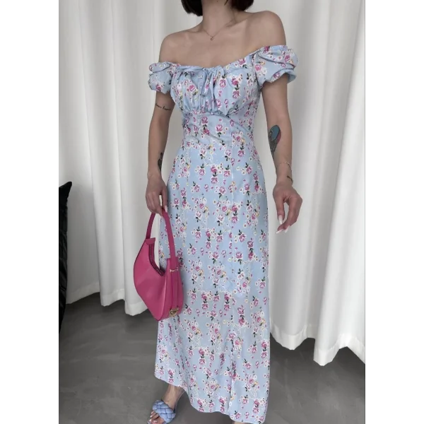 Kadın Önden Bagacık Detaylı Elbise - Saks Mavisi