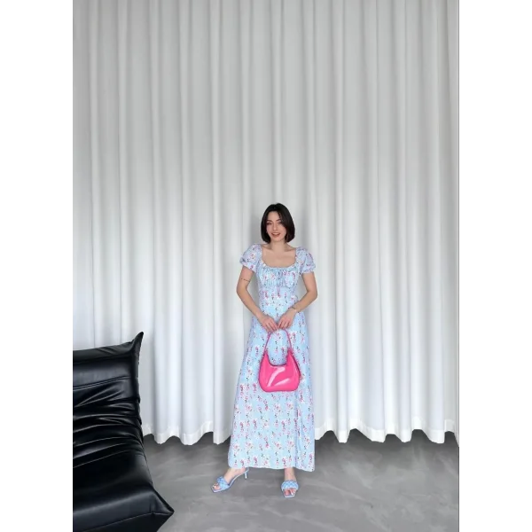 Kadın Önden Bagacık Detaylı Elbise - Saks Mavisi