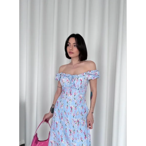 Kadın Önden Bagacık Detaylı Elbise - Saks Mavisi