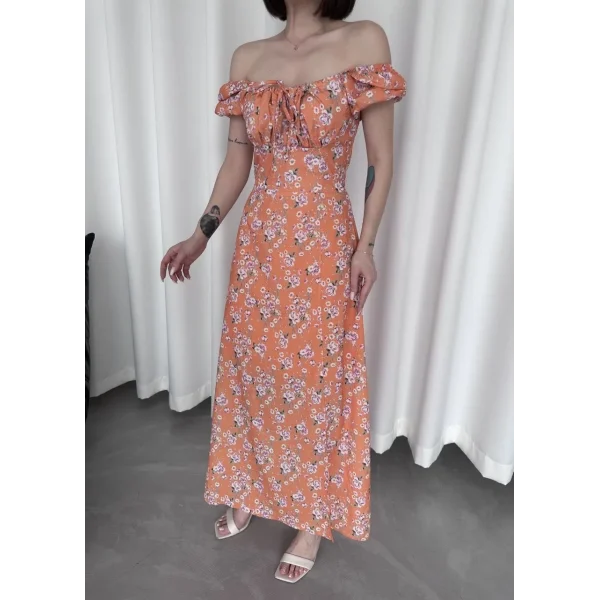 Kadın Önden Bagacık Detaylı Elbise - Turuncu