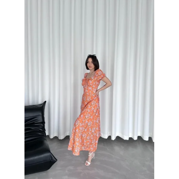 Kadın Önden Bagacık Detaylı Elbise - Turuncu