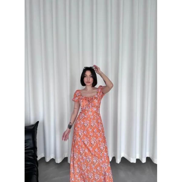 Kadın Önden Bagacık Detaylı Elbise - Turuncu