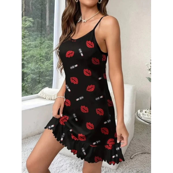 Kadın öpücük Baskılı Askılı Gecelik Süprem Elbise