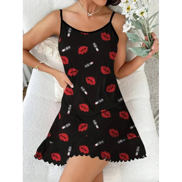 Kadın öpücük Baskılı Askılı Gecelik Süprem Elbise