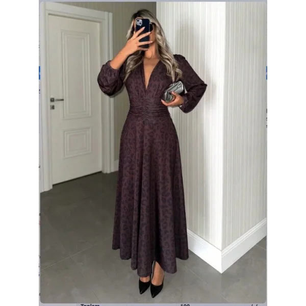 Kadın Örme Krep Bel Detay Kol Büzmelı Maxi Boy Elbise