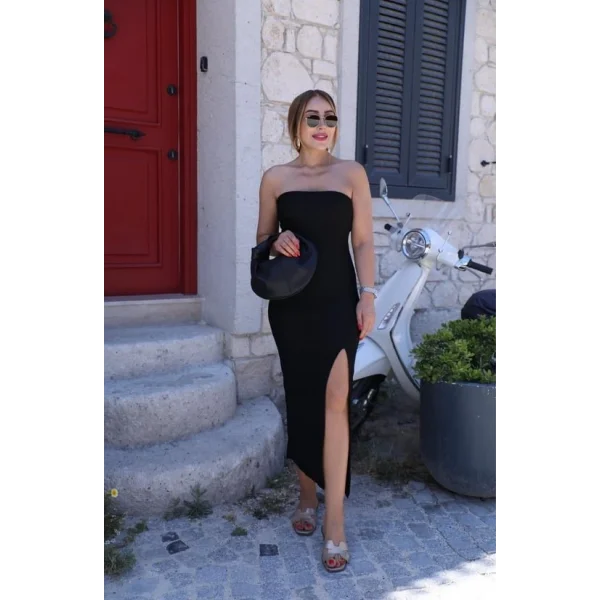 Kadın Ottaman Kumaş Yirtmac Detay Straplez Elbise