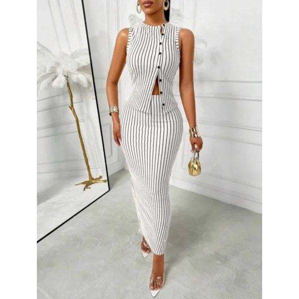 Kadın Ottoman Kumaş çizgili Gömlek Ve Etek Ikili Takım