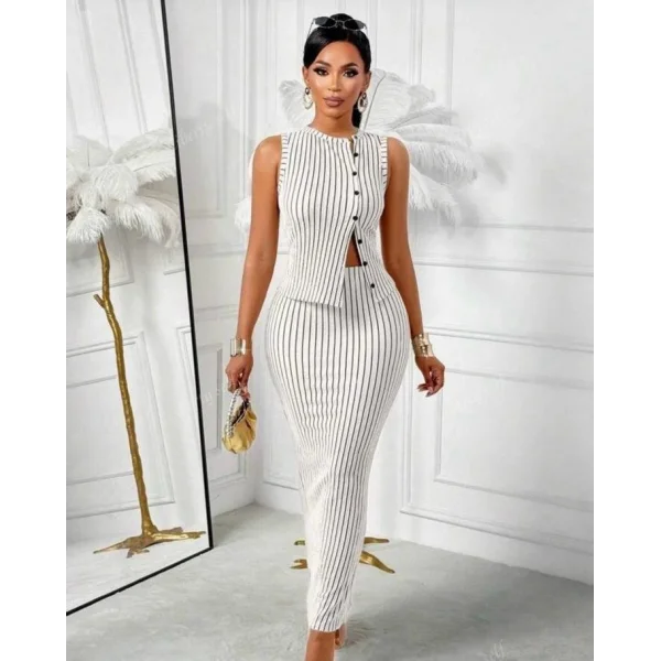 Kadın Ottoman Kumaş çizgili Gömlek Ve Etek Ikili Takım