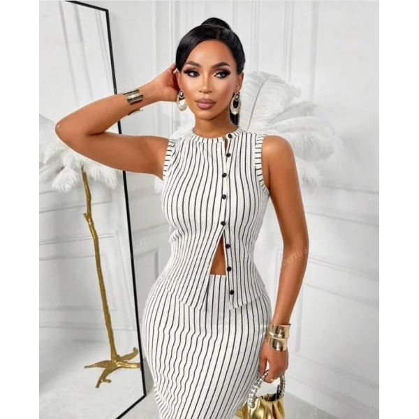 Kadın Ottoman Kumaş çizgili Gömlek Ve Etek Ikili Takım