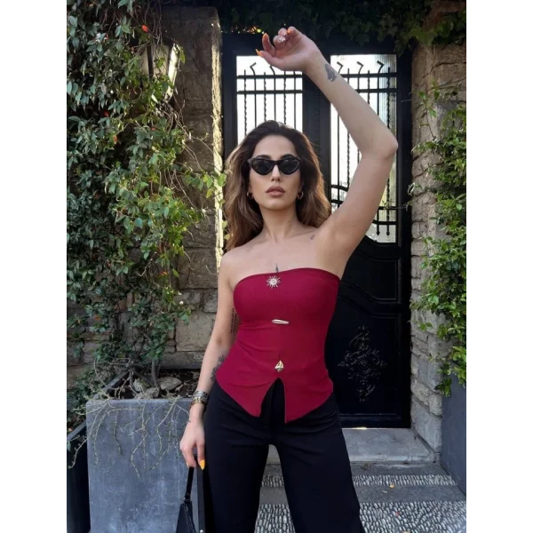 Kadın Ottoman Kumaş Düğme Detaylı Büstiyer Crop