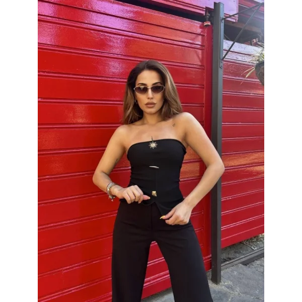 Kadın Ottoman Kumaş Düğme Detaylı Büstiyer Crop