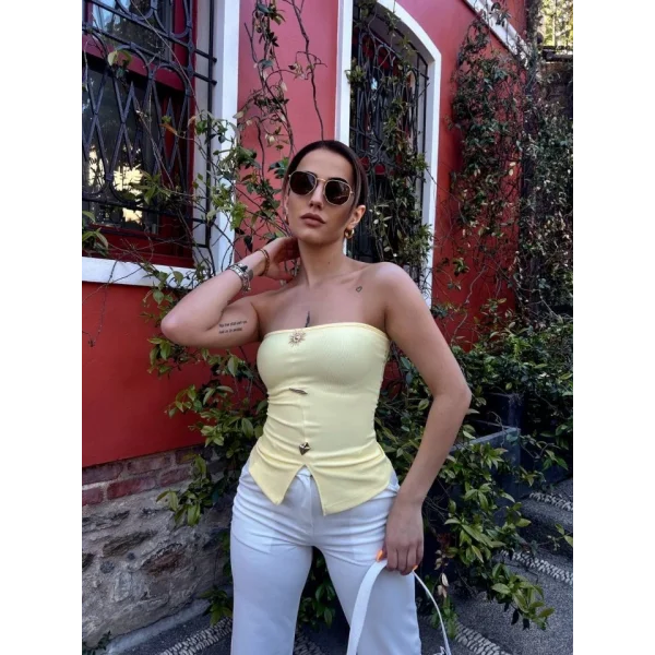 Kadın Ottoman Kumaş Düğme Detaylı Büstiyer Crop