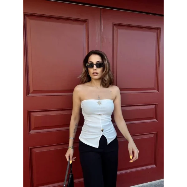 Kadın Ottoman Kumaş Düğme Detaylı Büstiyer Crop