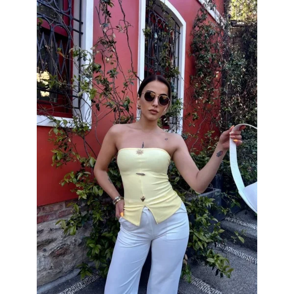 Kadın Ottoman Kumaş Düğme Detaylı Büstiyer Crop