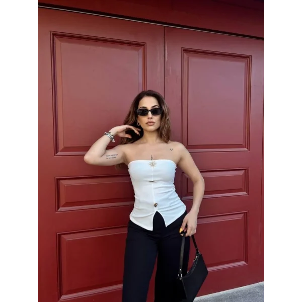 Kadın Ottoman Kumaş Düğme Detaylı Büstiyer Crop