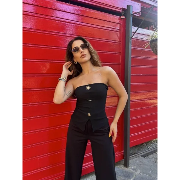 Kadın Ottoman Kumaş Düğme Detaylı Büstiyer Crop