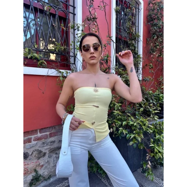 Kadın Ottoman Kumaş Düğme Detaylı Büstiyer Crop