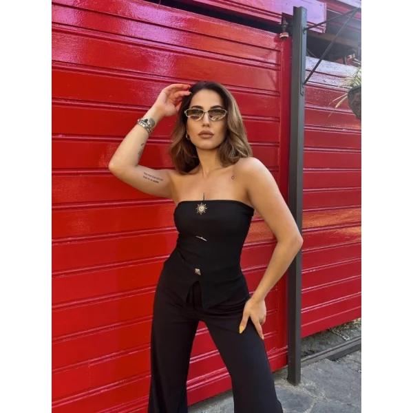 Kadın Ottoman Kumaş Düğme Detaylı Büstiyer Crop