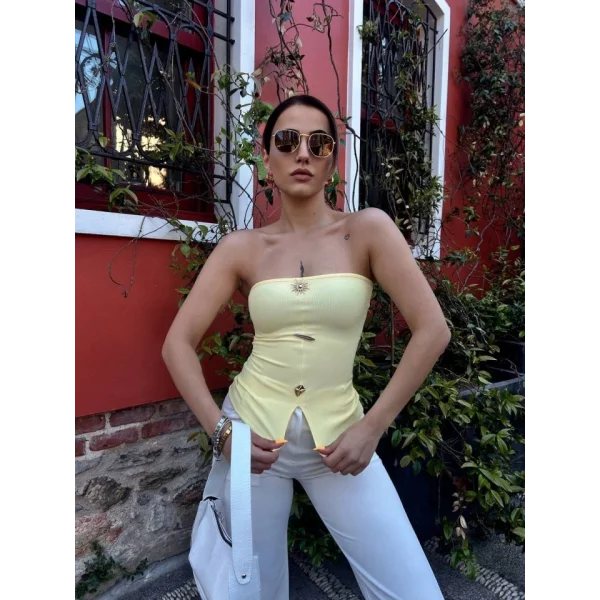 Kadın Ottoman Kumaş Düğme Detaylı Büstiyer Crop