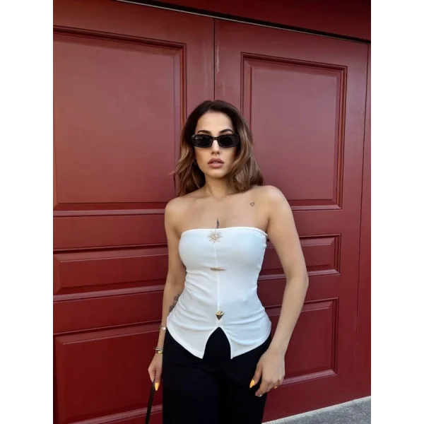 Kadın Ottoman Kumaş Düğme Detaylı Büstiyer Crop