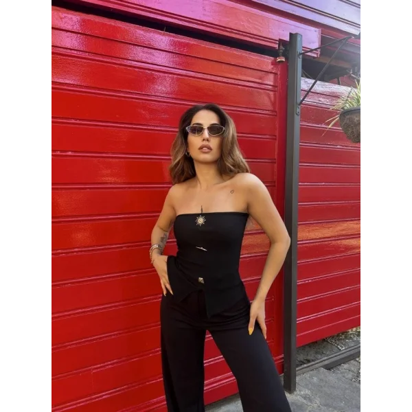 Kadın Ottoman Kumaş Düğme Detaylı Büstiyer Crop