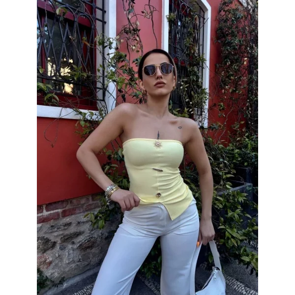 Kadın Ottoman Kumaş Düğme Detaylı Büstiyer Crop