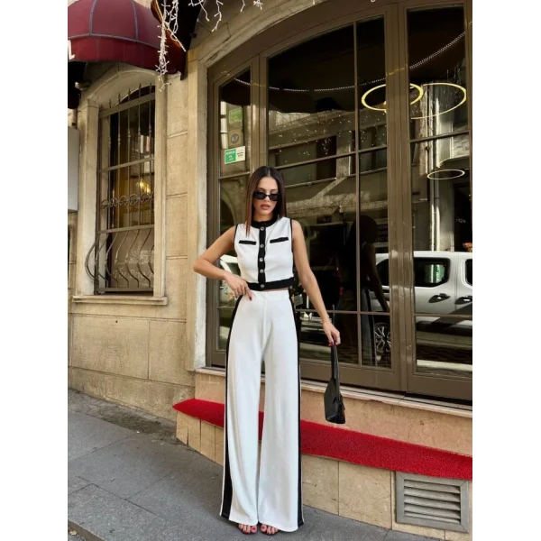 Kadın Ottoman Kumaş şeritli Sıfır Kol Yelek Ve Pantolon Ikili Takım