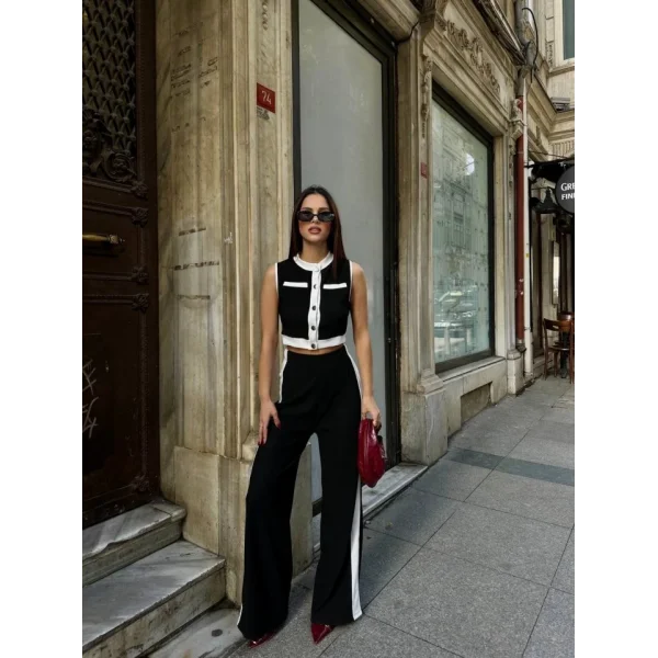 Kadın Ottoman Kumaş şeritli Sıfır Kol Yelek Ve Pantolon Ikili Takım