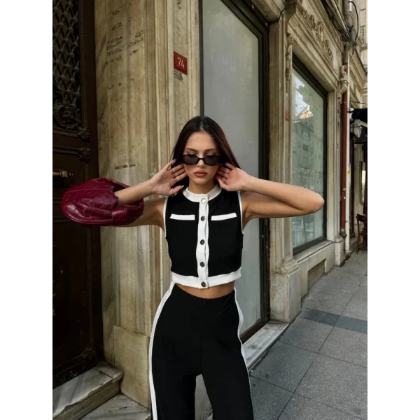 Kadın Ottoman Kumaş şeritli Sıfır Kol Yelek Ve Pantolon Ikili Takım