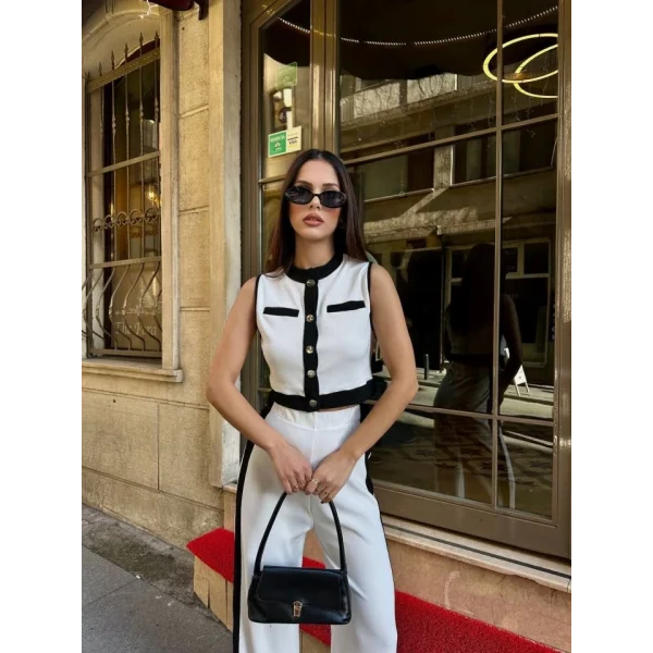 Kadın Ottoman Kumaş şeritli Sıfır Kol Yelek Ve Pantolon Ikili Takım