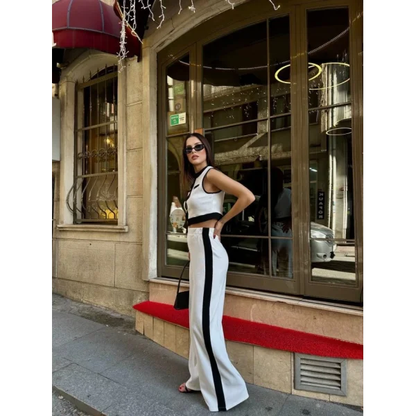 Kadın Ottoman Kumaş şeritli Sıfır Kol Yelek Ve Pantolon Ikili Takım