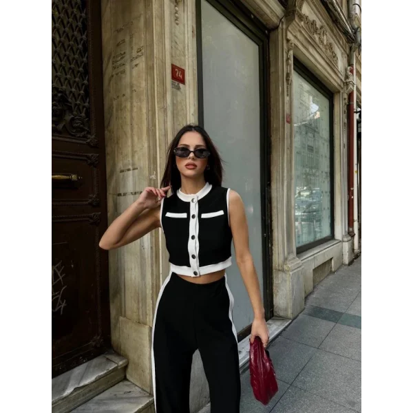 Kadın Ottoman Kumaş şeritli Sıfır Kol Yelek Ve Pantolon Ikili Takım