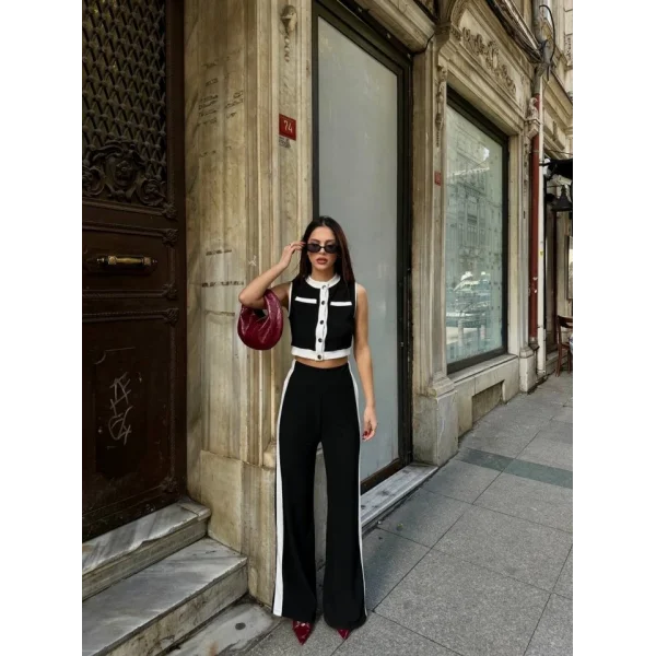 Kadın Ottoman Kumaş şeritli Sıfır Kol Yelek Ve Pantolon Ikili Takım