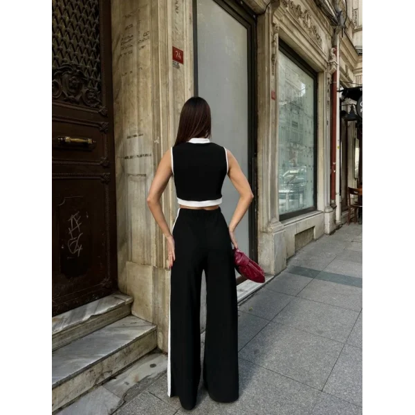 Kadın Ottoman Kumaş şeritli Sıfır Kol Yelek Ve Pantolon Ikili Takım
