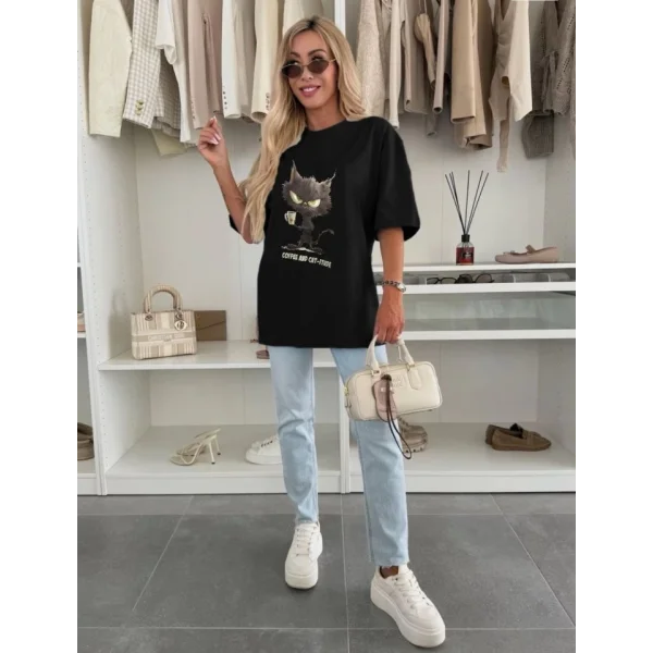 Kadın Oversize Baskılı Kedi Desenli Tişört