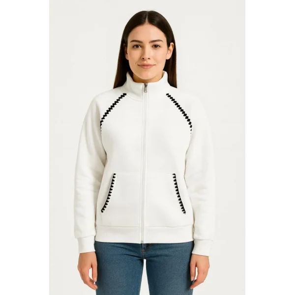 Kadın Oversize Dik Yaka Fermuarlı Sweatshirt - Zincir Nakışli Kanguru Cepli, - Beyaz