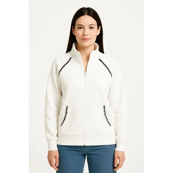 Kadın Oversize Dik Yaka Fermuarlı Sweatshirt - Zincir Nakışli Kanguru Cepli, - Beyaz