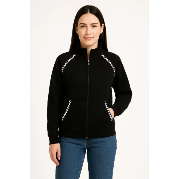 Kadın Oversize Dik Yaka Fermuarlı Sweatshirt - Zincir Nakışli Kanguru Cepli, - Siyah