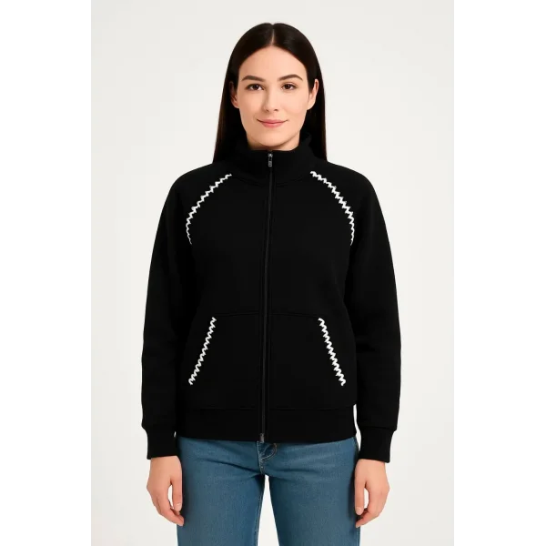 Kadın Oversize Dik Yaka Fermuarlı Sweatshirt - Zincir Nakışli Kanguru Cepli, - Siyah