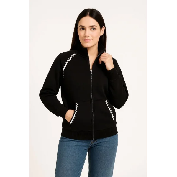 Kadın Oversize Dik Yaka Fermuarlı Sweatshirt - Zincir Nakışli Kanguru Cepli, - Siyah