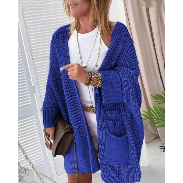 Kadın Oversize Kalıp Cep Detay Salaş Triko Hırka