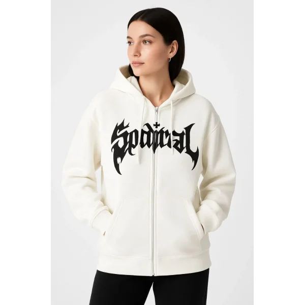 Kadın Kapüşonlu 3 İplik Şardonlu Önü Baskılı Fermuarlı Oversize Sweatshirt - Beyaz