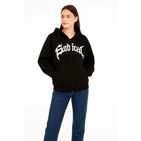 Kadın Kapüşonlu 3 İplik Şardonlu Önü Baskılı Fermuarlı Oversize Sweatshirt - Siyah