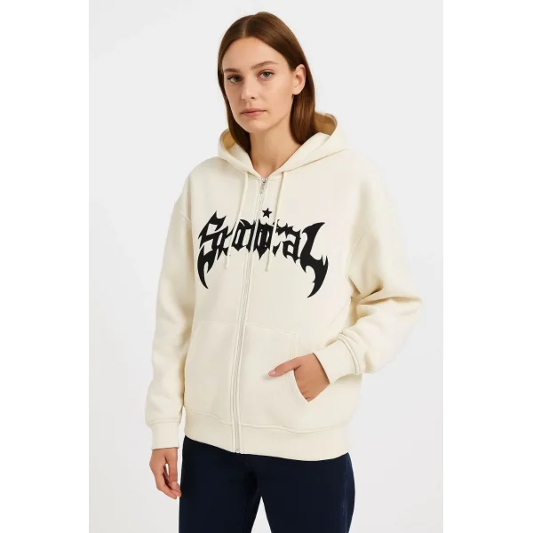Kadın Kapüşonlu 3 İplik Şardonlu Önü Baskılı Fermuarlı Oversize Sweatshirt - Beyaz