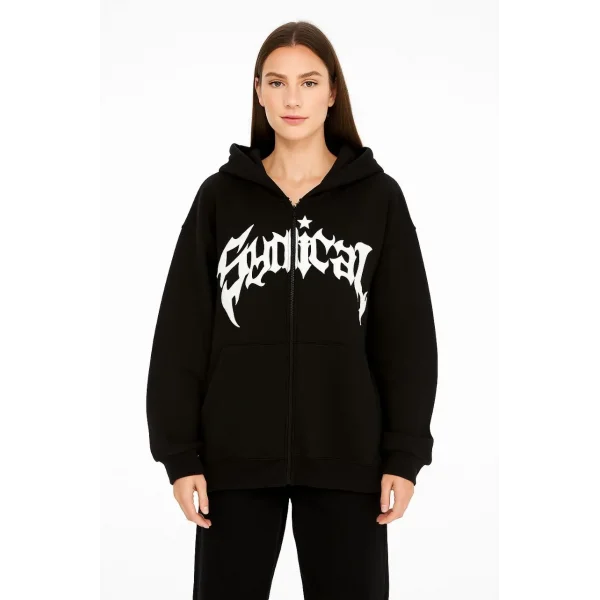 Kadın Kapüşonlu 3 İplik Şardonlu Önü Baskılı Fermuarlı Oversize Sweatshirt - Siyah